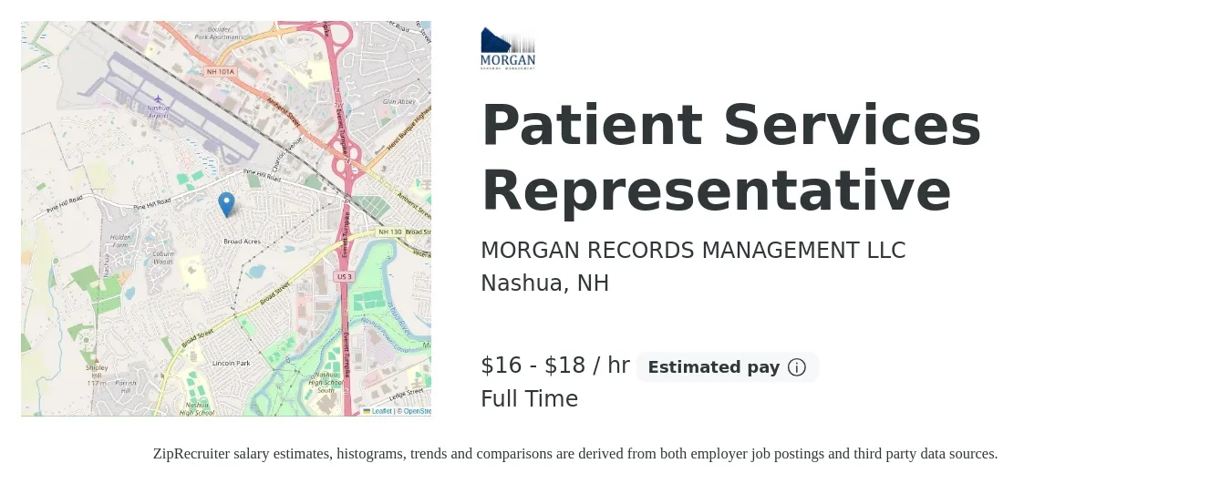 MORGAN RECORDS MANAGEMENT LLC job posting for a Patient Services Representative in Nashua, NH with a salary of $16 to $18 Hourly with a map of Nashua location.
