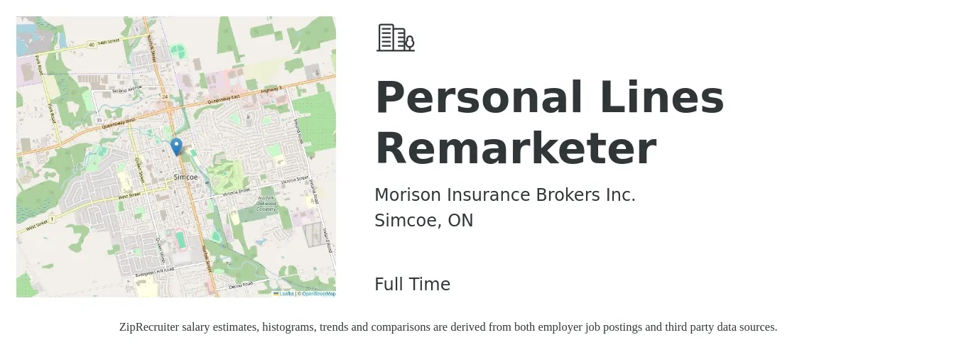 Morison Insurance Brokers Inc. job posting for a Personal Lines Remarketer in Simcoe, ON with a map of Simcoe location.