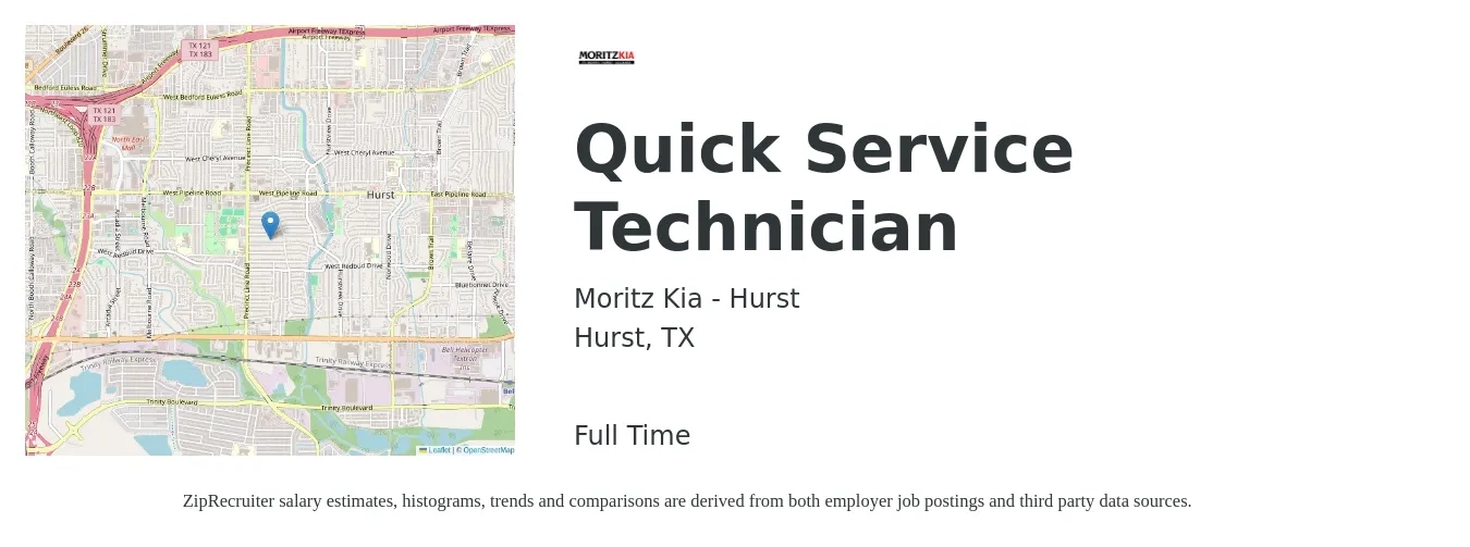 Moritz Kia - Hurst job posting for a Quick Service Technician in Hurst, TX with a salary of $17 to $28 Hourly with a map of Hurst location.