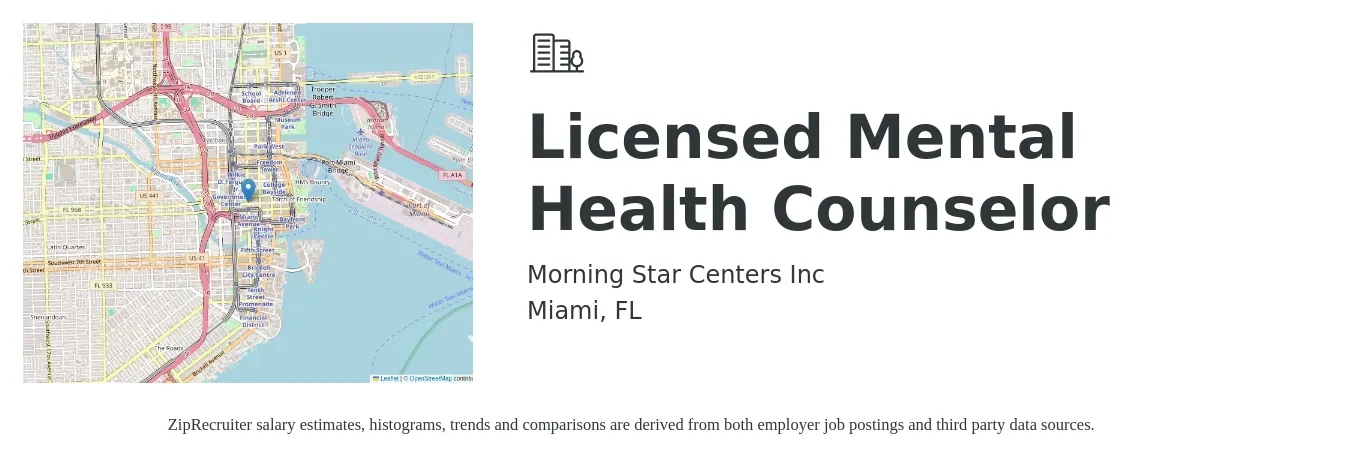 Morning Star Centers Inc job posting for a Licensed Mental Health Counselor in Miami, FL with a salary of $56,000 to $84,200 Yearly with a map of Miami location.