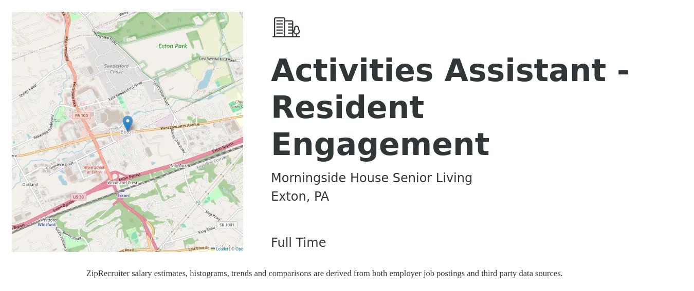 Morningside House Senior Living job posting for a Activities Assistant - Resident Engagement in Exton, PA with a salary of $14 to $17 Hourly with a map of Exton location.