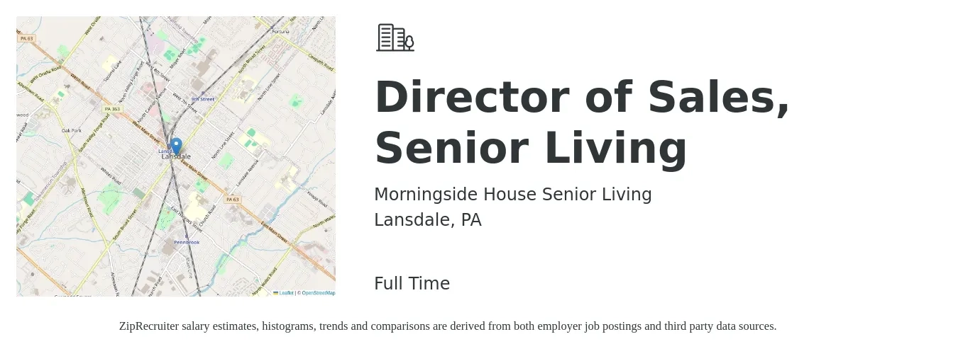 Morningside House Senior Living job posting for a Director of Sales, Senior Living in Lansdale, PA with a salary of $72,600 to $151,000 Yearly with a map of Lansdale location.