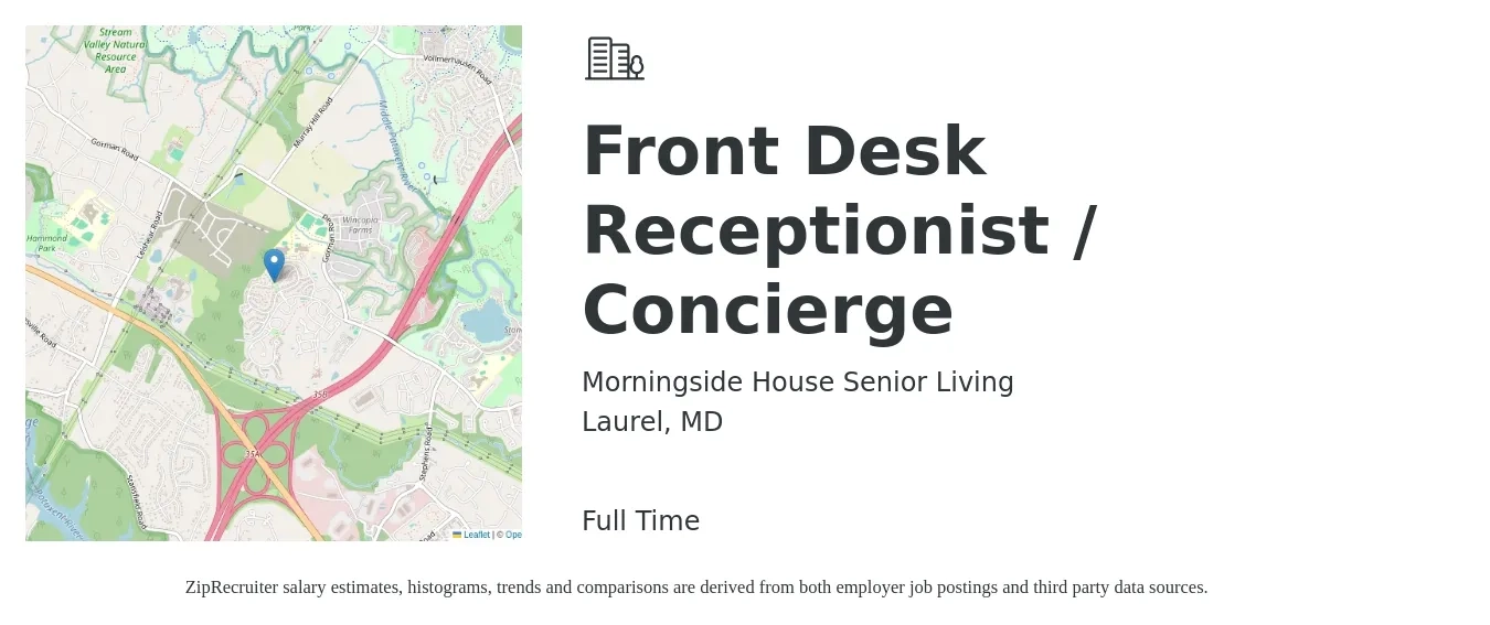 Morningside House Senior Living job posting for a Front Desk Receptionist / Concierge in Laurel, MD with a salary of $15 to $19 Hourly with a map of Laurel location.