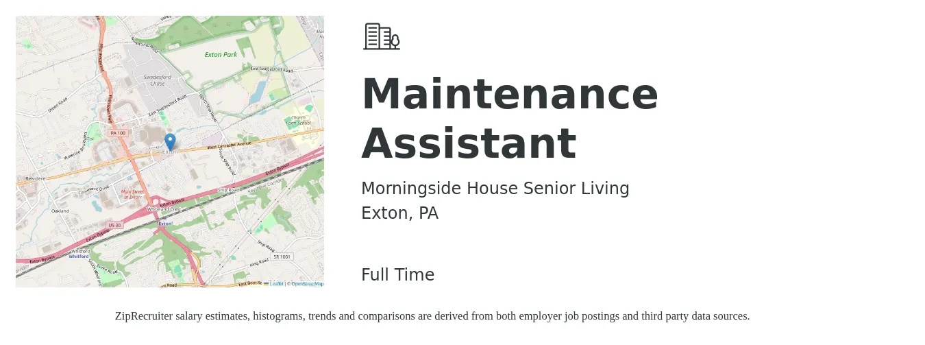 Morningside House Senior Living job posting for a Maintenance Assistant in Exton, PA with a salary of $16 to $20 Hourly with a map of Exton location.
