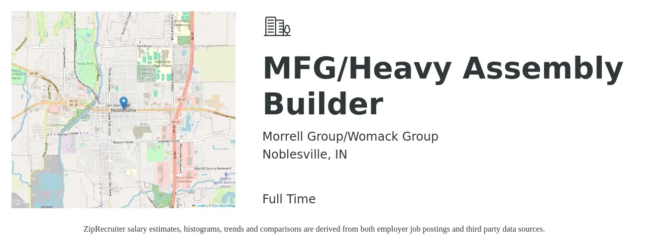 Morrell Group/Womack Group job posting for a MFG/Heavy Assembly Builder in Noblesville, IN with a salary of $15 to $18 Hourly with a map of Noblesville location.