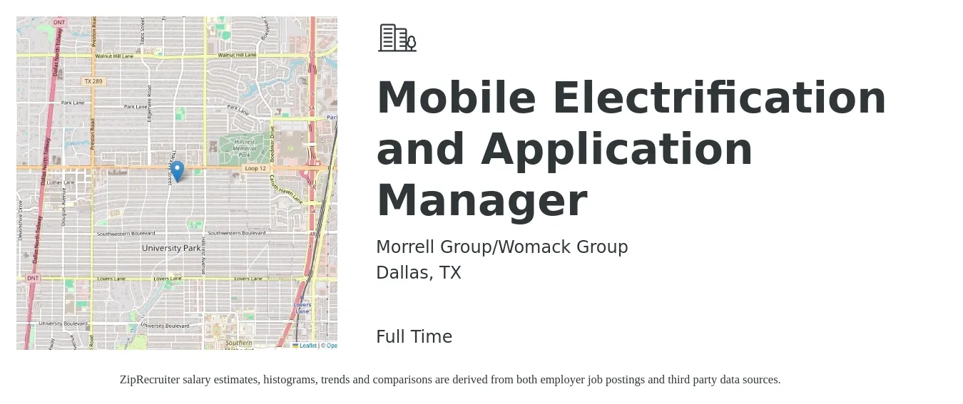 Morrell Group/Womack Group job posting for a Mobile Electrification and Application Manager in Dallas, TX with a salary of $120,700 to $158,300 Yearly with a map of Dallas location.
