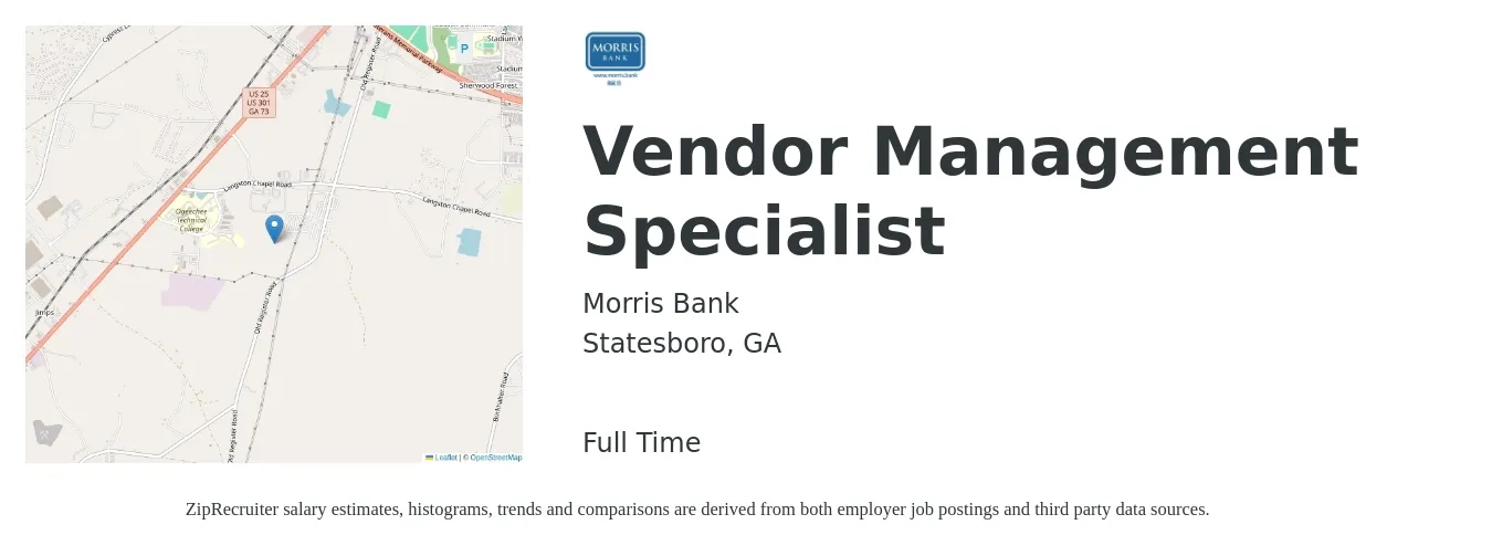 Morris Bank job posting for a Vendor Management Specialist in Statesboro, GA with a salary of $38,000 to $57,600 Yearly with a map of Statesboro location.