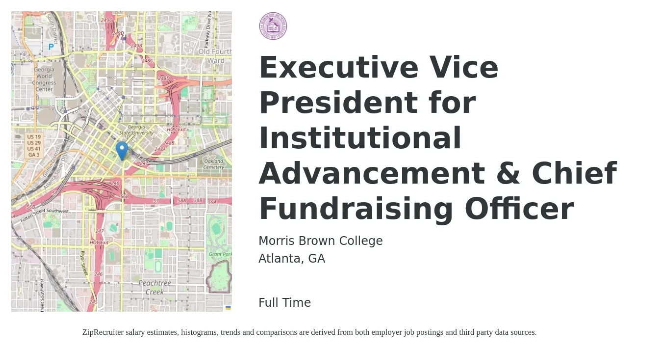 Morris Brown College job posting for a Executive Vice President for Institutional Advancement & Chief Fundraising Officer in Atlanta, GA with a map of Atlanta location.