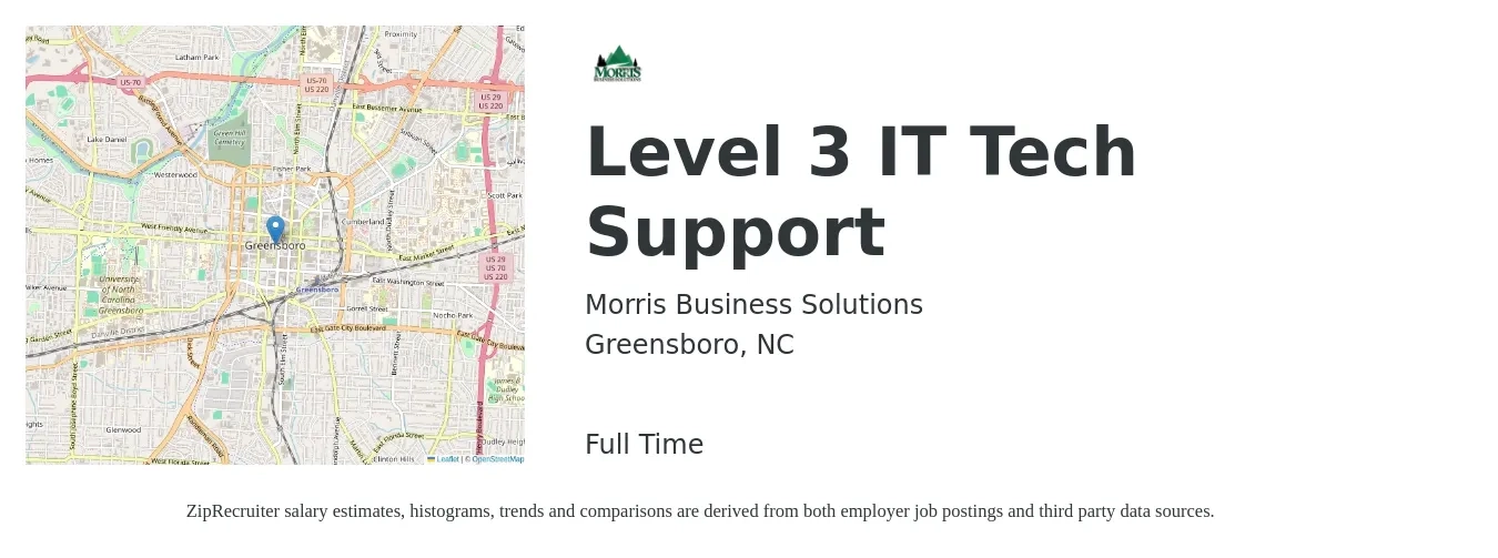 Morris Business Solutions job posting for a Level 3 IT Tech Support in Greensboro, NC with a salary of $21 to $28 Hourly with a map of Greensboro location.
