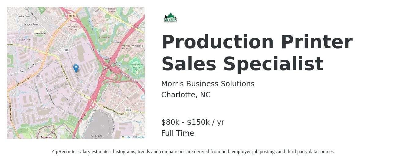 Morris Business Solutions job posting for a Production Printer Sales Specialist in Charlotte, NC with a salary of $80,000 to $150,000 Yearly with a map of Charlotte location.