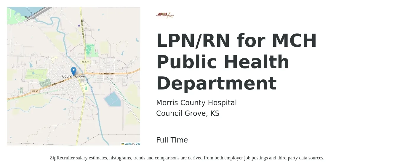 Morris County Hospital job posting for a LPN/RN for MCH Public Health Department in Council Grove, KS with a salary of $50,700 to $74,400 Yearly with a map of Council Grove location.