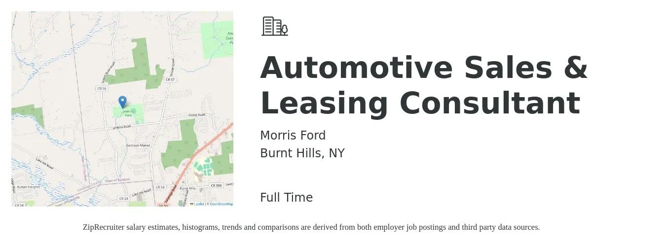 Morris Ford job posting for a Automotive Sales & Leasing Consultant in Burnt Hills, NY with a salary of $41,400 to $95,000 Yearly with a map of Burnt Hills location.