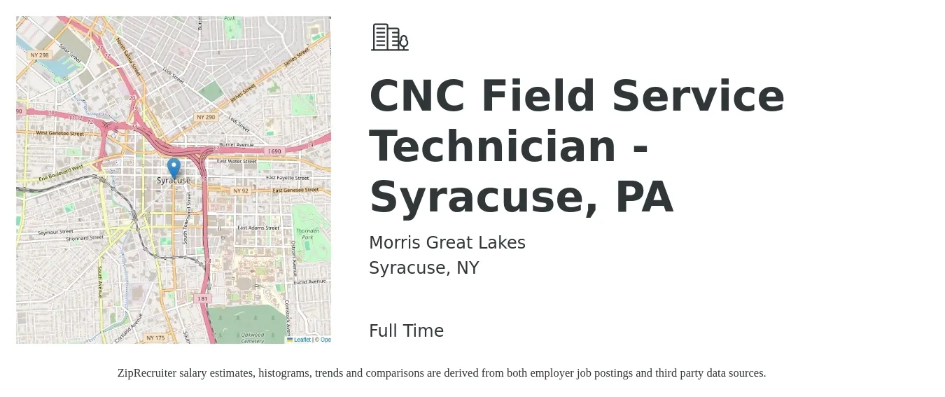 Morris Great Lakes job posting for a CNC Field Service Technician - Syracuse, PA in Syracuse, NY with a salary of $28 to $38 Hourly with a map of Syracuse location.
