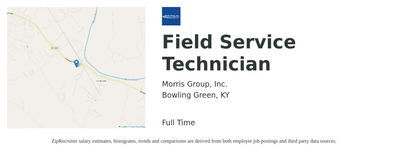 Morris Group, Inc. job posting for a Field Service Technician in Bowling Green, KY with a salary of $20 to $29 Hourly with a map of Bowling Green location.
