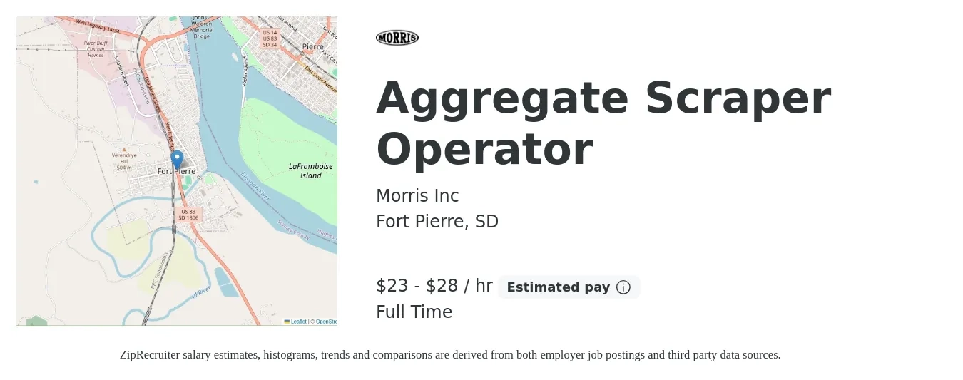 Morris Inc job posting for a Aggregate Scraper Operator in Fort Pierre, SD with a salary of $24 to $30 Hourly with a map of Fort Pierre location.