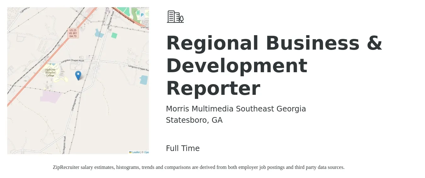 Morris Multimedia Southeast Georgia job posting for a Regional Business & Development Reporter in Statesboro, GA with a salary of $63,800 to $91,900 Yearly with a map of Statesboro location.