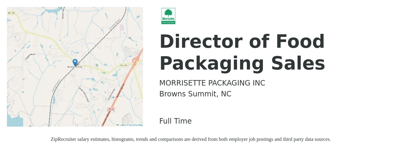 MORRISETTE PACKAGING INC job posting for a Director of Food Packaging Sales in Browns Summit, NC with a salary of $63,700 to $112,900 Yearly with a map of Browns Summit location.