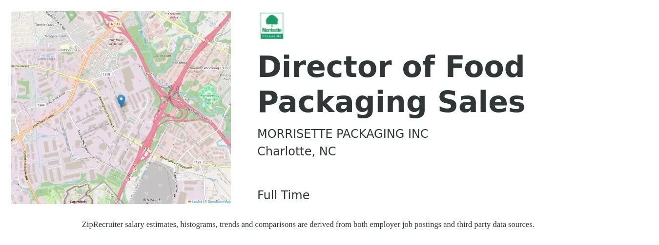 MORRISETTE PACKAGING INC job posting for a Director of Food Packaging Sales in Charlotte, NC with a salary of $63,800 to $113,100 Yearly with a map of Charlotte location.