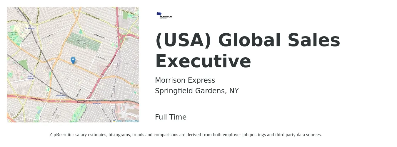 Morrison Express job posting for a (USA) Global Sales Executive in Springfield Gardens, NY with a salary of $120,000 to $150,000 Yearly with a map of Springfield Gardens location.