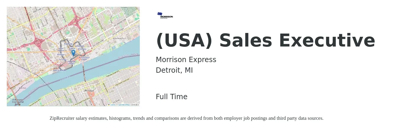Morrison Express job posting for a (USA) Sales Executive in Detroit, MI with a salary of $70,000 to $90,000 Yearly with a map of Detroit location.