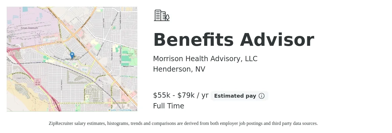 Morrison Health Advisory, LLC job posting for a Benefits Advisor in Henderson, NV with a salary of $55,000 to $79,000 Yearly with a map of Henderson location.