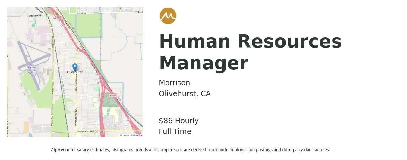 Morrison job posting for a Human Resources Manager in Olivehurst, CA with a salary of $90,000 to $120,000 Yearly with a map of Olivehurst location.