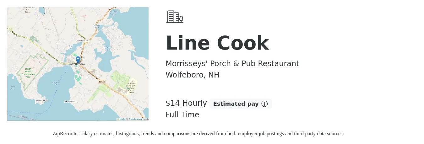 Morrisseys' Porch & Pub Restaurant job posting for a Line Cook in Wolfeboro, NH with a salary of $15 Hourly with a map of Wolfeboro location.