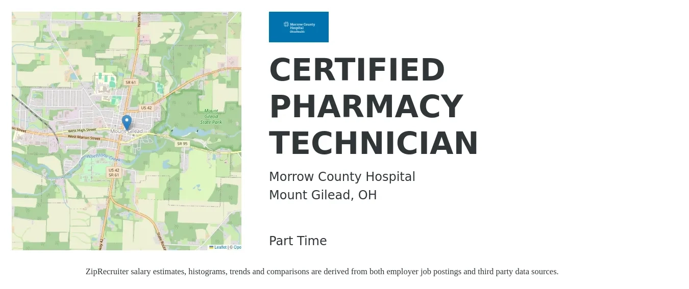 Morrow County Hospital job posting for a CERTIFIED PHARMACY TECHNICIAN in Mount Gilead, OH with a salary of $14 to $18 Hourly with a map of Mount Gilead location.