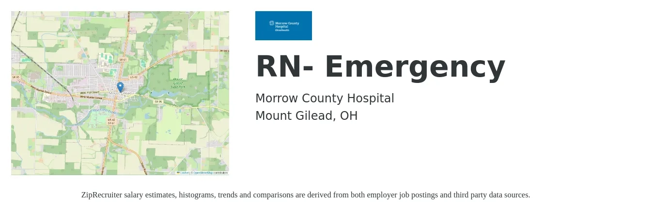 Morrow County Hospital job posting for a RN- Emergency in Mount Gilead, OH with a salary of $1,570 to $2,230 Weekly with a map of Mount Gilead location.
