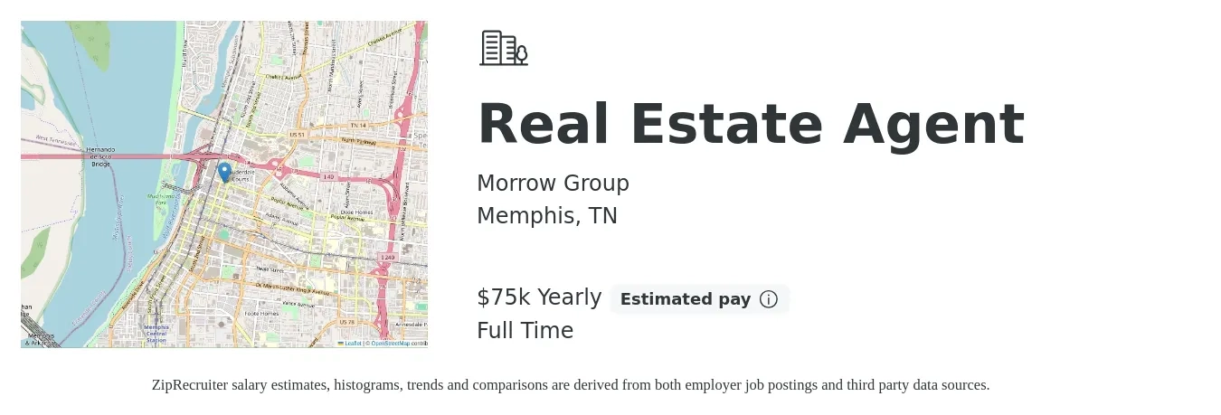 Morrow Group job posting for a Real Estate Agent in Memphis, TN with a salary of $75,000 Yearly with a map of Memphis location.