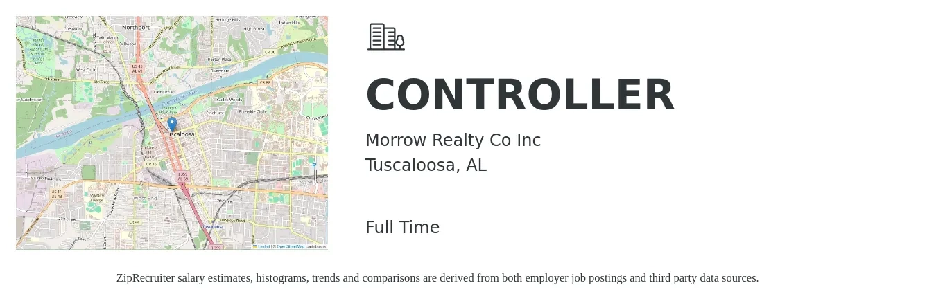 Morrow Realty Co Inc job posting for a CONTROLLER in Tuscaloosa, AL with a salary of $86,900 to $124,100 Yearly with a map of Tuscaloosa location.