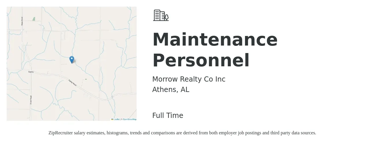 Morrow Realty Co Inc job posting for a Maintenance Personnel in Athens, AL with a salary of $16 to $22 Hourly with a map of Athens location.