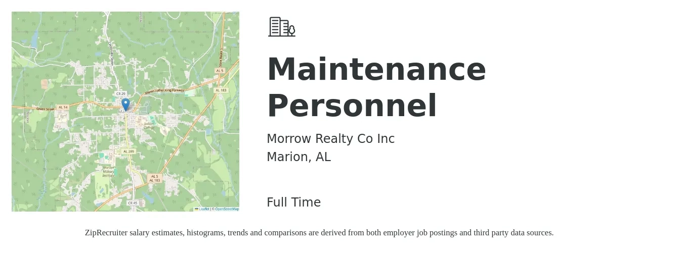 Morrow Realty Co Inc job posting for a Maintenance Personnel in Marion, AL with a salary of $10 to $14 Hourly with a map of Marion location.