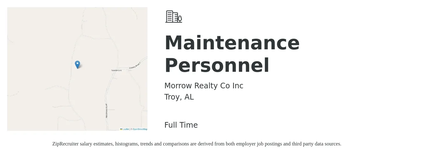 Morrow Realty Co Inc job posting for a Maintenance Personnel in Troy, AL with a salary of $16 to $22 Hourly with a map of Troy location.