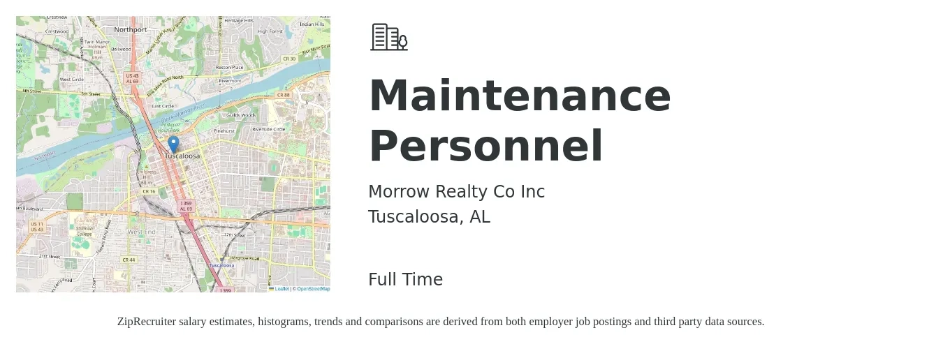 Morrow Realty Co Inc job posting for a Maintenance Personnel in Tuscaloosa, AL with a salary of $18 to $25 Hourly with a map of Tuscaloosa location.