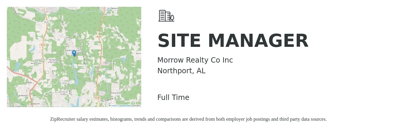 Morrow Realty Co Inc job posting for a SITE MANAGER in Northport, AL with a salary of $46,200 to $111,800 Yearly with a map of Northport location.
