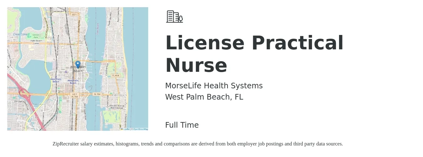 MorseLife Health Systems job posting for a License Practical Nurse in West Palm Beach, FL with a salary of $25 to $34 Hourly with a map of West Palm Beach location.