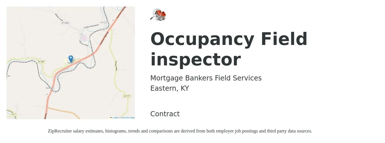 Mortgage Bankers Field Services job posting for a Occupancy Field inspector in Eastern, KY with a salary of $15 to $22 Hourly with a map of Eastern location.