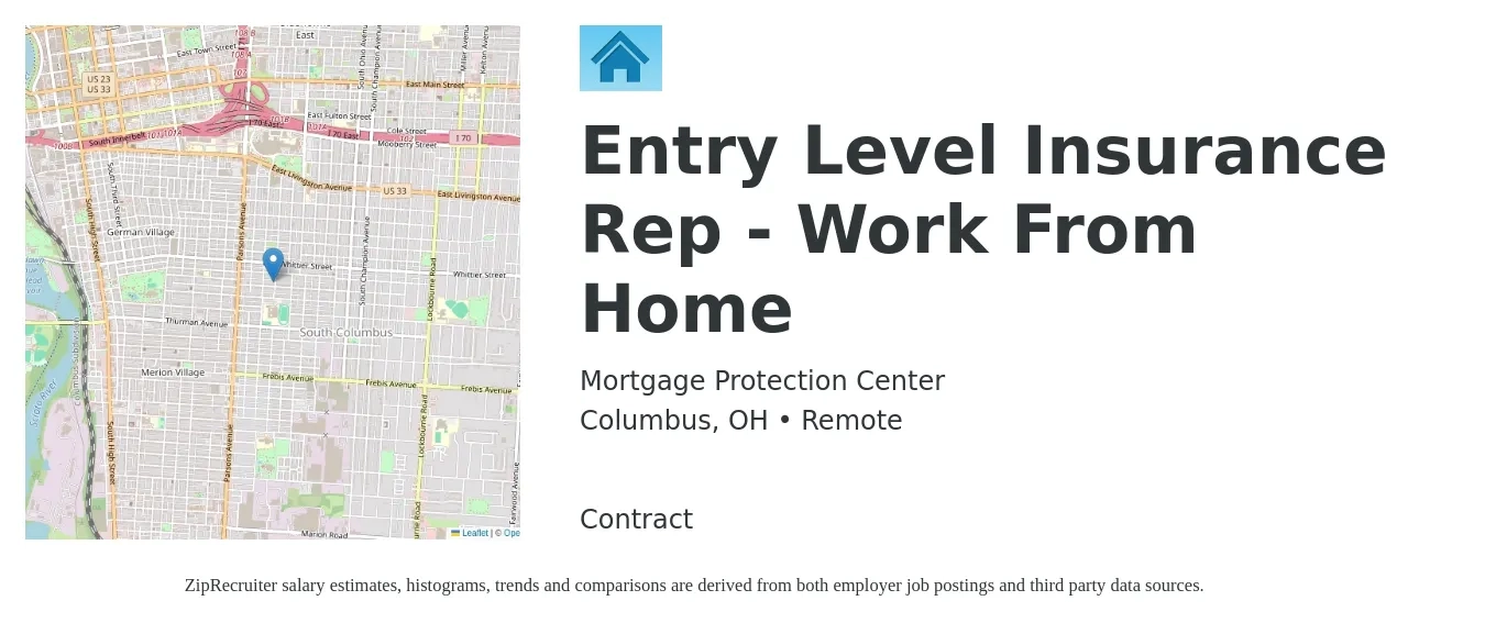 Mortgage Protection Center job posting for a Entry Level Insurance Rep - Work From Home in Columbus, OH with a salary of $500 Weekly with a map of Columbus location.