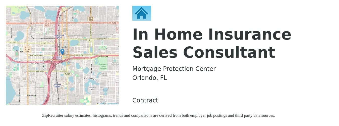 Mortgage Protection Center job posting for a In Home Insurance Sales Consultant in Orlando, FL with a map of Orlando location.