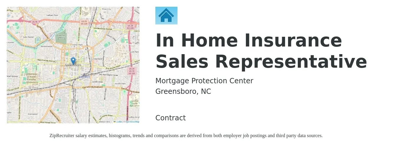 Mortgage Protection Center job posting for a In Home Insurance Sales Representative in Greensboro, NC with a salary of $43,600 to $108,000 Yearly with a map of Greensboro location.