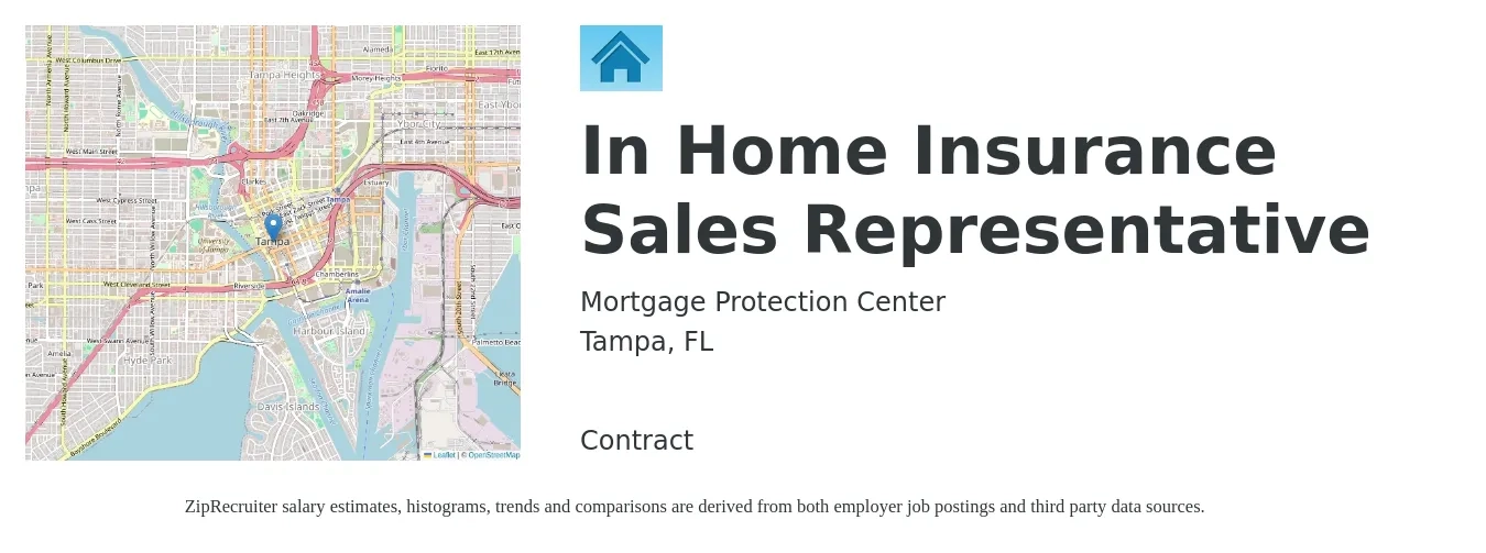 Mortgage Protection Center job posting for a In Home Insurance Sales Representative in Tampa, FL with a salary of $42,500 to $105,400 Yearly with a map of Tampa location.