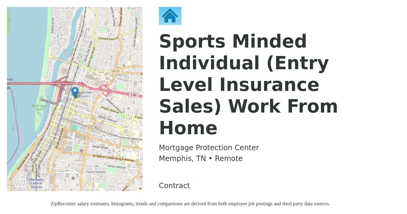 Mortgage Protection Center job posting for a Sports Minded Individual (Entry Level Insurance Sales) Work From Home in Memphis, TN with a salary of $45,700 to $73,300 Yearly with a map of Memphis location.