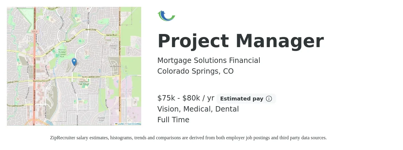 Mortgage Solutions Financial job posting for a Project Manager in Colorado Springs, CO with a salary of $75,000 to $80,000 Yearly with a map of Colorado Springs location.