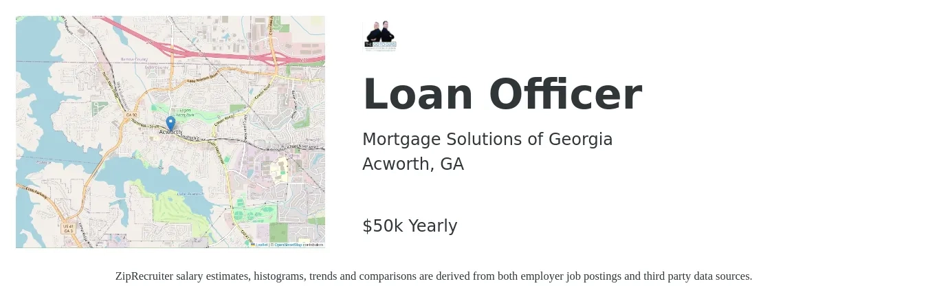 Mortgage Solutions of Georgia job posting for a Loan Officer in Acworth, GA with a salary of $50,000 Yearly with a map of Acworth location.