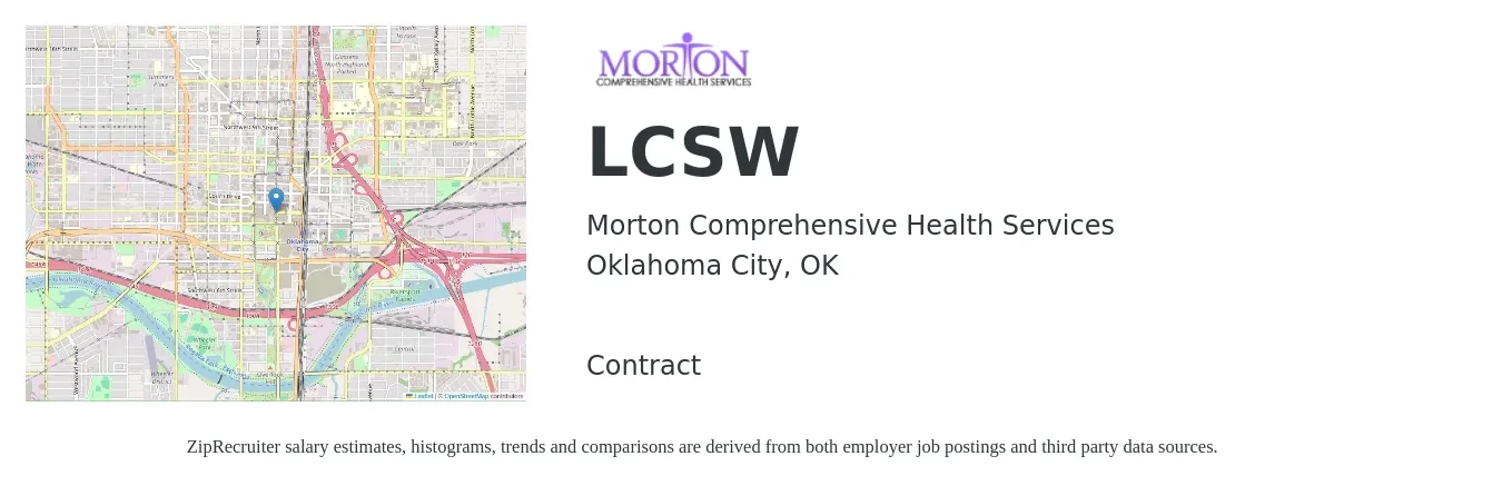 Morton Comprehensive Health Services job posting for a LCSW in Oklahoma City, OK with a salary of $66,900 to $104,100 Yearly with a map of Oklahoma City location.