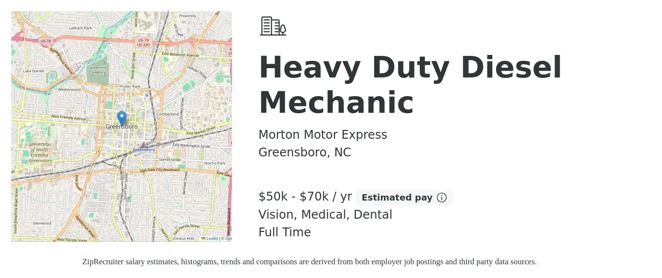 Morton Motor Express job posting for a Heavy Duty Diesel Mechanic in Greensboro, NC with a salary of $50,000 to $70,000 Yearly and benefits including vision, dental, life_insurance, medical, pto, and retirement with a map of Greensboro location.