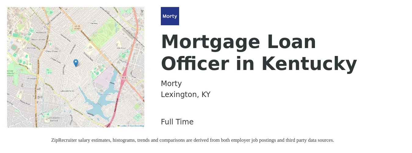 Morty job posting for a Mortgage Loan Officer in Kentucky in Lexington, KY with a salary of $51,700 to $99,400 Yearly with a map of Lexington location.