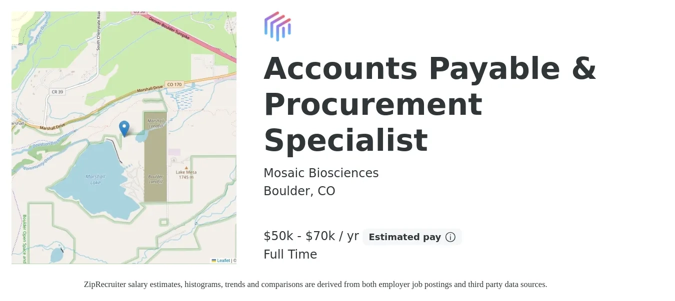 Mosaic Biosciences job posting for a Accounts Payable & Procurement Specialist in Boulder, CO with a salary of $50,000 to $70,000 Yearly with a map of Boulder location.