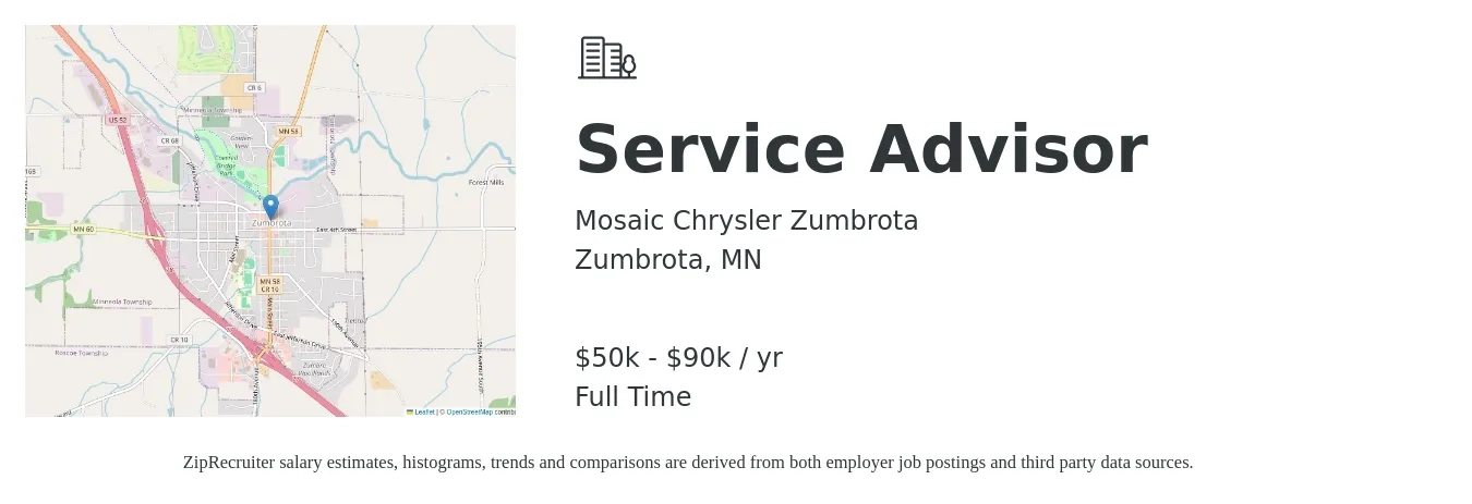 Mosaic Chrysler Zumbrota job posting for a Service Advisor in Zumbrota, MN with a salary of $50,000 to $90,000 Yearly with a map of Zumbrota location.